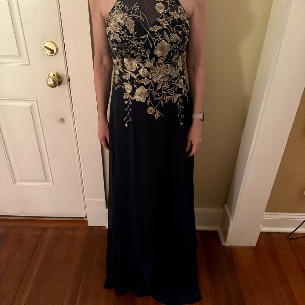 Betsy & Adam Gold and Black Sequin Halter Gown
